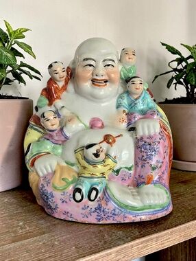 Vtg Chinese Famille Rose Porcelain Bisque Laughing Buddha with Children Figurine